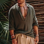 voordelige Vakantie-Voor heren linnen overhemd Viking-stijl Zomer overhemd Strand Kleding Normaal shirt Effen Vakantie Curise Wit Groen Lange mouw V-hals Lente zomer Kleding