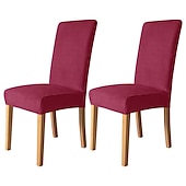 economico Fodera per sedia da pranzo-Coprisedia da pranzo 2 pezzi, coprisedia elasticizzato in velluto bordeaux, coprisedia lavabile in spandex con protezione inferiore elastica, motivo floreale in stile fattoria per sala da pranzo,