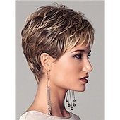 baratos peruca mais velha-perucas curtas castanhas escuras loiras mistas com mechas curtas com franja perucas sintéticas em camadas para mulheres perucas naturais de reposição de cabelo