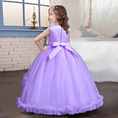 preiswerte Partykleider-Kinder Mädchen Kleid Blume ärmellos Performance Party Spitze süßes Polyester knielanges Tüllkleid Sommer Frühling Herbst 4–13 Jahre blau