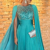 voordelige GROEN-A-Lijn Avondjurk Elegante Jurk Bruiloft Gast Bruiloft Feest Vloerlengte Korte Mouw Sierlijke Hals Capes Chiffon met Apllicaties Sjaal