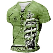 お買い得  ビンテージTシャツ-ヨットとコンパス メンズ グラフィック シャツ レースアップ 3D セーリング用 ブラウン サマー コットン Tシャツ 船 スタンドカラー 衣類 アパレル プリント デイリー スポーツ 半袖 ブラック ホワイト カジュアル グレー