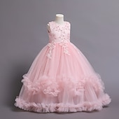 preiswerte Partykleider-Kinder Mädchen Kleid Blume ärmellos Performance Party Spitze süßes Polyester knielanges Tüllkleid Sommer Frühling Herbst 4–13 Jahre blau