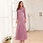 abordables Mariage Décontracté / de Jour-Robe du soir sirène élégante en sequins invitée de mariage bal longueur maxi à manches longues col bijou en tulle avec broderies pour impressionner