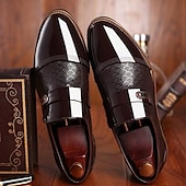 cheap Men&#039;s Slip-ons &amp; Loafers-Men’s Black Patent Faux Leather Loafers with Textured Scale Pattern and Metal Buckle, Elegant Slip-On Dress Shoes for Weddings, Business and Formal Events