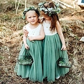 preiswerte Kleider für die Blumenmädchen-Blumenmädchenkleid Mädchen Party Kleid Leistung Hochzeit Party Prinzessin Süß Gitter Feste Farbe Ärmellos Rundhalsausschnitt Weiß Rosa 2-12 Jahre