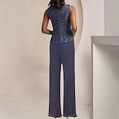 voordelige Broekpakken van mama-Jumpsuit  Pantalon 3-delige Moeder van de Bruid Formeel Bruids Gast Elegant Vintage Scoop Hals Enkel Lengte Chiffon Kant Mouwloos 3/4 Lengte Mouw met Applicaties vrije maat