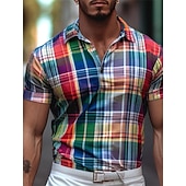 cheap Men's Geometric Polo-Men's Plaid Polo Shirts Golf Shirt Short Sleeve Polo Shirts Collared Shirts Casual Vacation Wear Formal Wear Festival Wear Buttons 3D Print Yellow Red Green