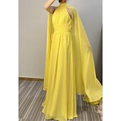 abordables JAUNE-Robe de soirée A-Line plage élégante robe invité de mariage longueur sol sans manches haut capes en tulle avec froncé 2025