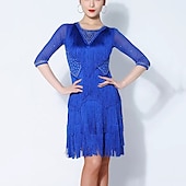 preiswerte Turnierkleid-Latein-Tanz Kleid Strass Quaste Farbaufsatz Damen Leistung Ausbildung Halbe Ärmel Gitter Spandex