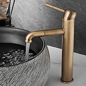 abordables Classiques-mitigeur d&#039;évier de salle de bain vintage haut, robinets de lavabo monobloc monocommande monté sur pont antique, avec tuyau d&#039;eau chaude et froide robinets d&#039;eau rétro laiton noir