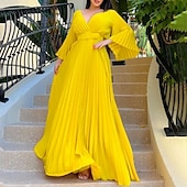 abordables Robes de fête-Robes de Fête A-Ligne Robe Volante Invité de Mariage Vacances Longueur De Sol Manches 3/4 Col en V Ceinture  Sash Chiffon avec Plis robe à impressionner