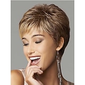 baratos peruca mais velha-perucas curtas castanhas escuras loiras mistas com mechas curtas com franja perucas sintéticas em camadas para mulheres perucas naturais de reposição de cabelo