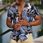 cheap Tropical Plants-Men&#039;s Leaves Tropical Plants Shirt Summer Hawaiian Shirt Aloha Shirt Short Sleeve Shirt Cuban Collar Sports Fashion Streetwear Outdoor Casual Hawaiian Black Yellow Red S M L