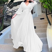 abordables Robes de fête-Robes de Fête A-Ligne Robe Volante Invité de Mariage Vacances Longueur De Sol Manches 3/4 Col en V Ceinture  Sash Chiffon avec Plis robe à impressionner