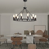 preiswerte Pendelleuchte-LED-Pendelleuchte Vintage-Kronleuchter aus lackiertem Metall, mit 6/8/10/12 Lichtern, rustikale Vintage-Bauernhaus-Kronleuchter-Beleuchtung, Kutschenrad-Anhänger, schwarz