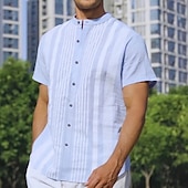 cheap Street-Men&#039;s Cotton Linen Shirt Chinese Collar Shirt Mandarin Collar Shirt Summer Shirt Casual Shirt Beach Shirt Stripe Vacation Casual Black White Light Blue Short Sleeve Grandad Collar Summer Clothing