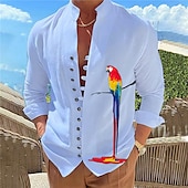 voordelige Vogels &amp; Dieren-Voor heren Papegaai Overhemd Hawaiiaans overhemd Aloha-shirt Lange mouw Overhemd Opstaand Modieus Ontwerper Casual Buiten Vakantie Straat Wit blauw Blauw / Wit S M L