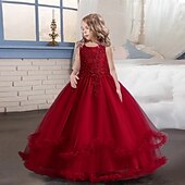 preiswerte Partykleider-Kinder Mädchen Kleid Blume ärmellos Performance Party Spitze süßes Polyester knielanges Tüllkleid Sommer Frühling Herbst 4–13 Jahre blau