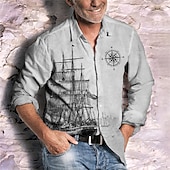 billiga Vintage skjorta-Herr Nautisk Årgång Segelbåt Skjorta Knapp upp skjorta Långärmad Vintage Mode Streetwear Utomhus Ledigt Dagligen Sommar Vår Höst Nedvikt Mönster Svart Blå Grön Kaki Grå