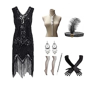 billige 1920-talls kjoler-De livlige 20-årene 1920-tallet Cocktail Kjole Knelengde Flapper kjole Kjoler Drakter Ermeløs Den store Gatsby Charleston Store størrelser Dusk Fjær V-hals Kostyme Dame Karneval Nytt År Maskerade