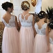 preiswerte Kleider für die Blumenmädchen-Blumenmädchenkleid Mädchen Party Kleid Leistung Hochzeit Party Prinzessin Süß Gitter Feste Farbe Ärmellos Rundhalsausschnitt Weiß Rosa 2-12 Jahre