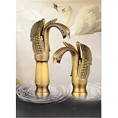 baratos Clássico-torneira misturadora de pia de banheiro vintage forma de cisne de latão, torneiras de lavatório monobloco alça única um furo montado no convés, mono torneira de vaso de água quente e fria mangueira retrô antigo