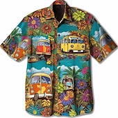 levne květinový potisk-Pánské Květinový Hippie Autobus Košile Havajská košile Aloha košile Krátké rukávy Košile Přehnutý Módní Šik ven Designové Venkovní ulice Ležérní Žlutá Námořnická modř Vodní modrá S M L
