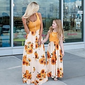 cheap Casual Dresses-Mommy and Me Dresses Tie Dye Sunflower Casual Print Black White Sleeveless Midi Mommy And Me Outfits Active Matching Outfits