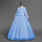 cheap Flower Girl's Dresses-Kids Girls' Flower Girl Dress Dress Half Sleeve Wedding Party Lace up Mesh Elegant Vintage Maxi Swing Dress A Line Dress Spring Fall 3-12 Years White Light Green Pink