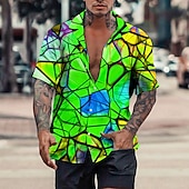 ieftine Model 3D-Bărbați Bloc Culoare Abstract Cămașă Camașă cu nasturi Manșon scurt Sport Modă Șic Stradă Casual Concediu Ieșire Vară Primăvară Guler cubanez Imprimeu Negru Galben Albastru piscină Trifoi