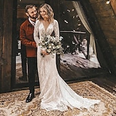 preiswerte lässige Brautkleider-Strandhochzeit Strand Offene Rückseite Boho Hochzeitskleider A-Linie V-Neck Lange Ärmel Gerichtszug Spitze Brautkleider mit einfarbig