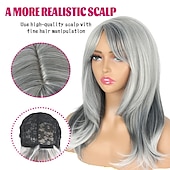 economico parrucca più vecchia-parrucche sintetiche a strati grigi per parrucca da donna bianca con frangia parte laterale a strati parrucca di capelli naturali ondulati grigio argento misto per parrucca grigia da festa quotidiana