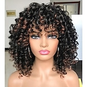 abordables Perruques de qualité supérieure-perruques afro bouclées noires avec des reflets bruns chauds perruques avec une frange pour les femmes noires naturelles à la recherche d&#039;un usage quotidien