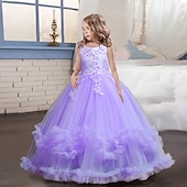 preiswerte Partykleider-Kinder Mädchen Kleid Blume ärmellos Performance Party Spitze süßes Polyester knielanges Tüllkleid Sommer Frühling Herbst 4–13 Jahre blau