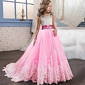 preiswerte Kleider für die Blumenmädchen-kinderkleidung Mädchen Blumenmädchen Kleid Kleid Ärmellos Hochzeit Party Schleife Elegant Vintage Spitze Tüll Maxi 4-13 Jahre Weiß Rosa Rote