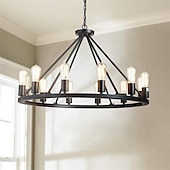 preiswerte Pendelleuchte-LED-Pendelleuchte Vintage-Kronleuchter aus lackiertem Metall, mit 6/8/10/12 Lichtern, rustikale Vintage-Bauernhaus-Kronleuchter-Beleuchtung, Kutschenrad-Anhänger, schwarz
