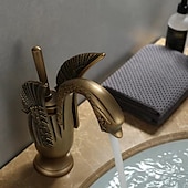 baratos Clássico-torneira misturadora de pia de banheiro vintage forma de cisne de latão, torneiras de lavatório monobloco alça única um furo montado no convés, mono torneira de vaso de água quente e fria mangueira retrô antigo
