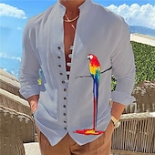 voordelige Vogels &amp; Dieren-Voor heren Papegaai Overhemd Hawaiiaans overhemd Aloha-shirt Lange mouw Overhemd Opstaand Modieus Ontwerper Casual Buiten Vakantie Straat Wit blauw Blauw / Wit S M L