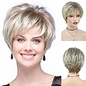 economico parrucca più vecchia-capelli sintetici parrucche corte parrucca biondo platino con frangia parrucche da donna per donne acconciature naturali vendita cuffia per parrucca gratis