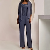 voordelige Broekpakken van mama-Jumpsuit  Pantalon 3-delige Moeder van de Bruid Formeel Bruids Gast Elegant Vintage Scoop Hals Enkel Lengte Chiffon Kant Mouwloos 3/4 Lengte Mouw met Applicaties vrije maat