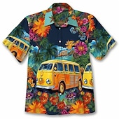 levne květinový potisk-Pánské Květinový Hippie Autobus Košile Havajská košile Aloha košile Krátké rukávy Košile Přehnutý Módní Šik ven Designové Venkovní ulice Ležérní Žlutá Námořnická modř Vodní modrá S M L