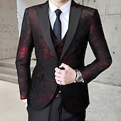 cheap Homecoming Suits-Men&#039;s Wedding Tuxedos Black Red Printing Standard Fit 3 Piece Single Breasted One-button