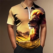 Men's Lion Zip Polo Shirts Golf Shirt Short Sleeve Polo Shirts Collared Shirts Casual Funny Streetwear Vacation Wear Party Outfits 3D Print Quarter Zip Polo Gold Gray4