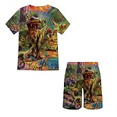 billiga Pojkens 3D-djur-2 delar Barn Pojkar T-shirt och shorts Klädesset Utrusta Grafisk Dinosaurie Kortärmad Crewneck Uppsättning Utomhus Sport Mode Häftig Vår 7-13 år Blå Dammig blå Grön