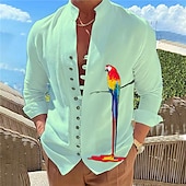 voordelige Vogels &amp; Dieren-Voor heren Papegaai Overhemd Hawaiiaans overhemd Aloha-shirt Lange mouw Overhemd Opstaand Modieus Ontwerper Casual Buiten Vakantie Straat Wit blauw Blauw / Wit S M L