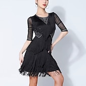 preiswerte Turnierkleid-Latein-Tanz Kleid Strass Quaste Farbaufsatz Damen Leistung Ausbildung Halbe Ärmel Gitter Spandex