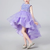 abordables Robes à Fleurs pour Filles-Robe de Demoiselle d&#039;Honneur Fille Fille Robe Robe de fête Utilisation Mariage Soirée Elégant Princesse Paillettes Maille Paillette Sans Manches Col Ras du Cou Blanche Rouge 3-13 ans