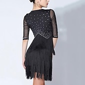 preiswerte Turnierkleid-Latein-Tanz Kleid Strass Quaste Farbaufsatz Damen Leistung Ausbildung Halbe Ärmel Gitter Spandex