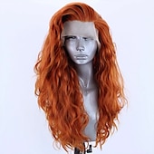 voordelige Synthetische kanten pruiken-lange lijmloze synthetische lace front pruik oranje lange golvende zijscheiding lace wigs synthetisch haar pruik voor vrouwen pruik